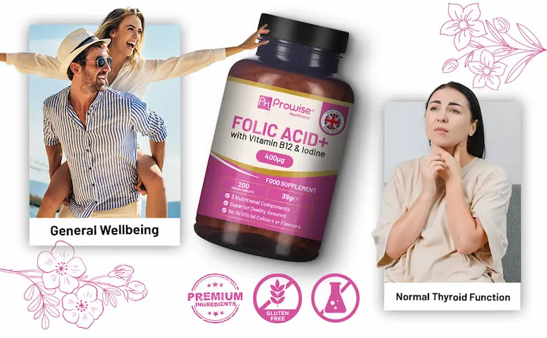 Folic Acid+ 400 mcg - Vegan Tablets with Vitamin B12 & Iodine | Vitamin B9 Tablets | Pregnancy Care Supplement