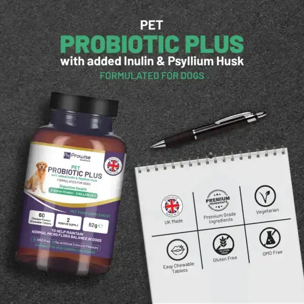 Pet Probiotic Plus with Added Inulin & Psyllium Husk 2 Billion CFU with 5 Active Strains I 60 Chicken Flavour Chewable Tablets 2 Months Supply