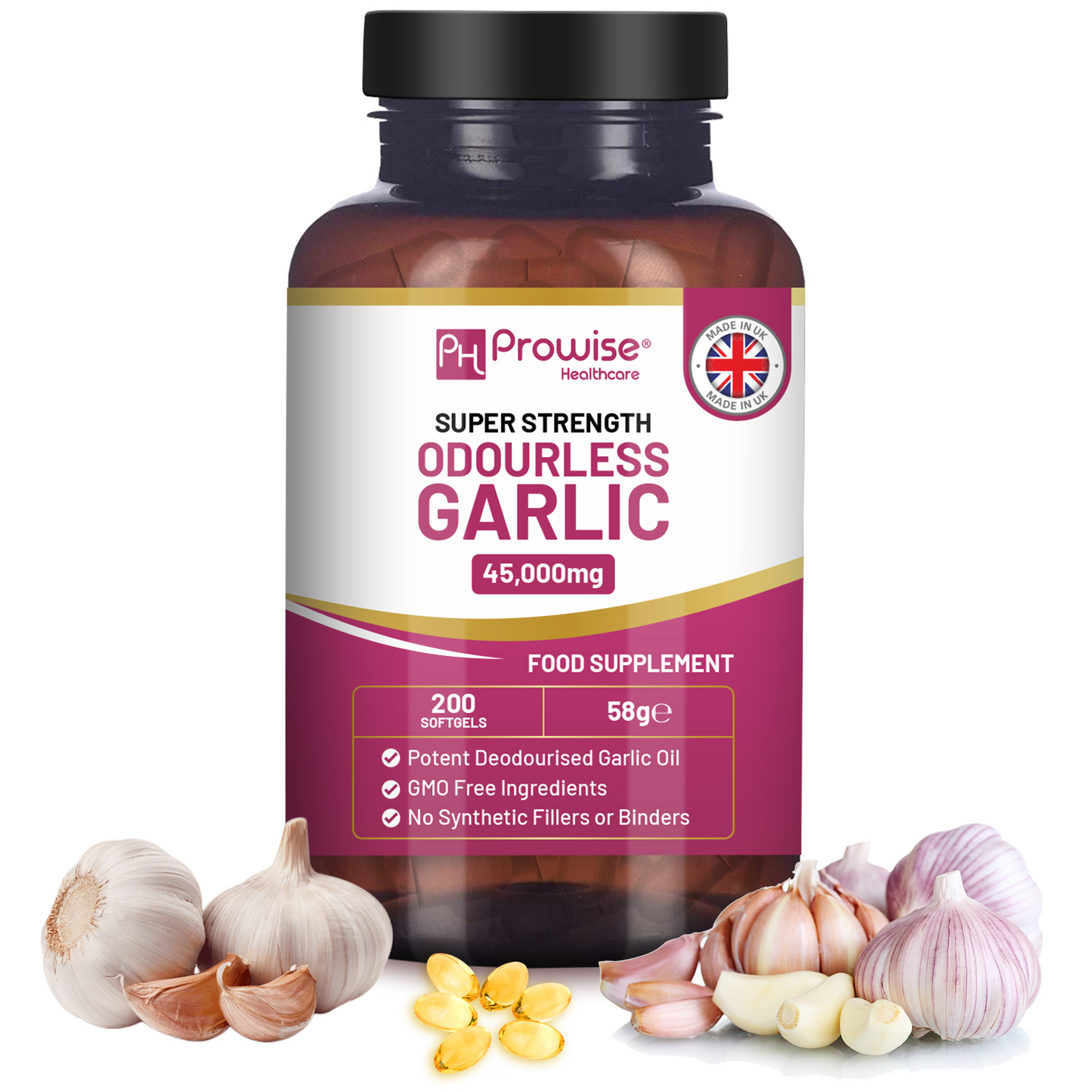 Premium Odourless Garlic Capsules - High Strength 45,000mg - 200 Softgels - Deodourised Premium Garlic Oil Extract from Allium Sativum - Made in UK by Prowise