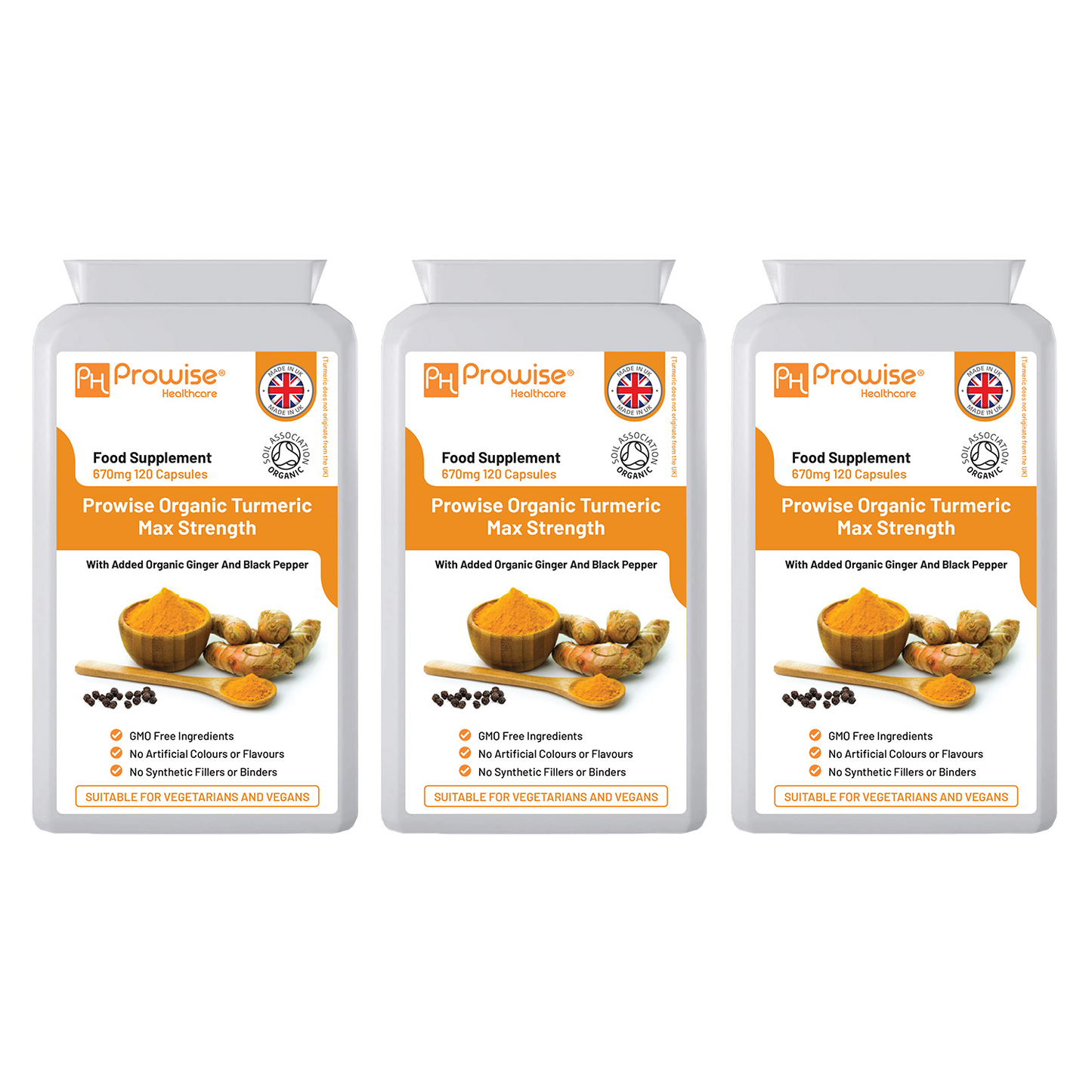 Organic Turmeric (Pack of 3) Curcumin with added Black Pepper & Ginger 670mg (Certified Organic Turmeric Capsules) | Suitable For Vegetarians & Vegans