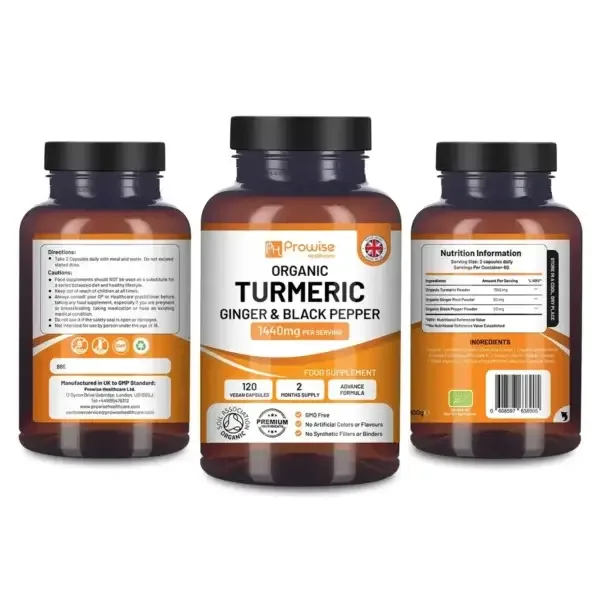 Organic Turmeric 1440mg with Black Pepper & Ginger |120 Vegan Capsules with Active Ingredient Curcumin I Made in The UK