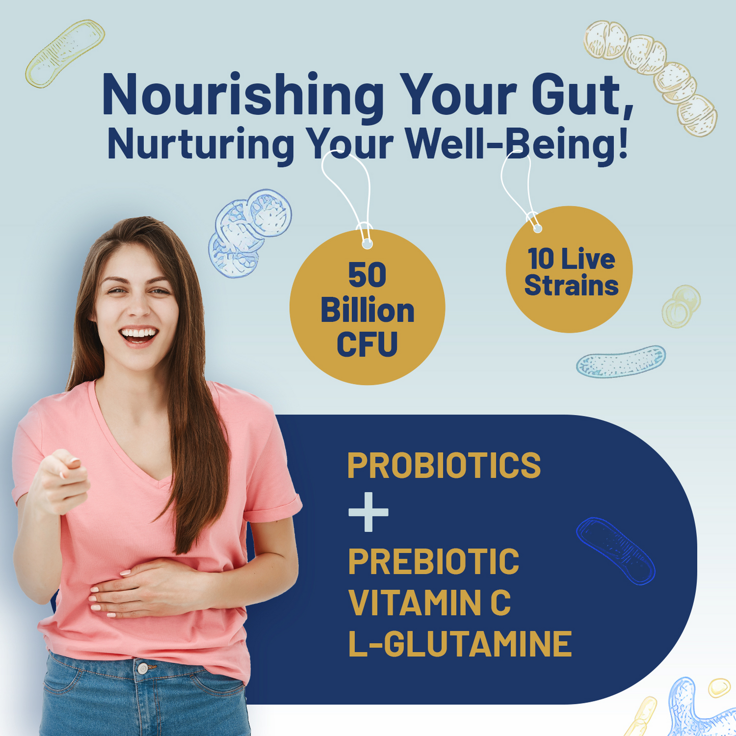 Bio Cultures Complex Probiotics and Prebiotics - 50 billion CFU - 10 Live Bacteria Strains – Added with Inulin, L-Glutamine & Vitamin C - 60 Capsules | Advanced Probiotic for Women & Men by Prowise