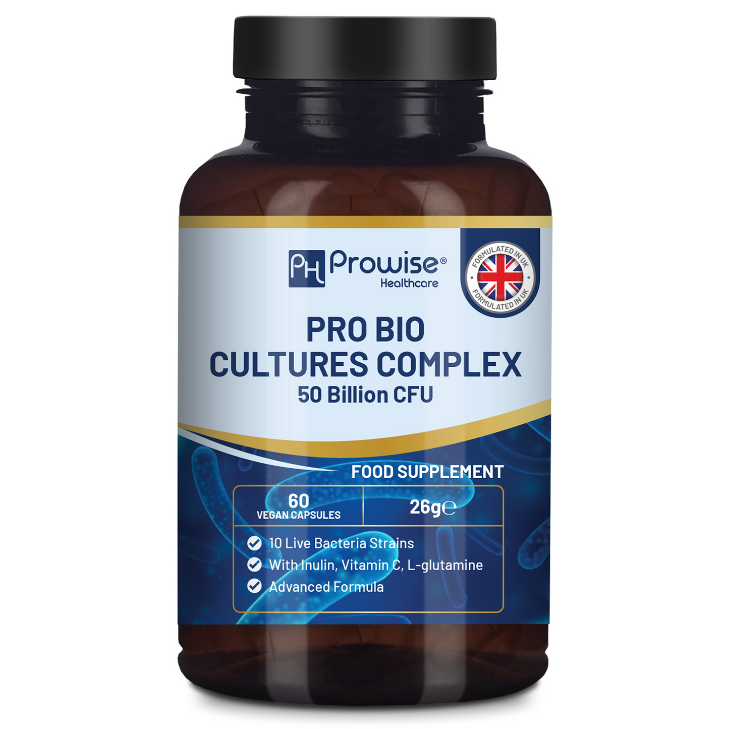 Bio Cultures Complex Probiotics and Prebiotics - 50 billion CFU - 10 Live Bacteria Strains – Added with Inulin, L-Glutamine & Vitamin C - 60 Capsules | Advanced Probiotic for Women & Men by Prowise