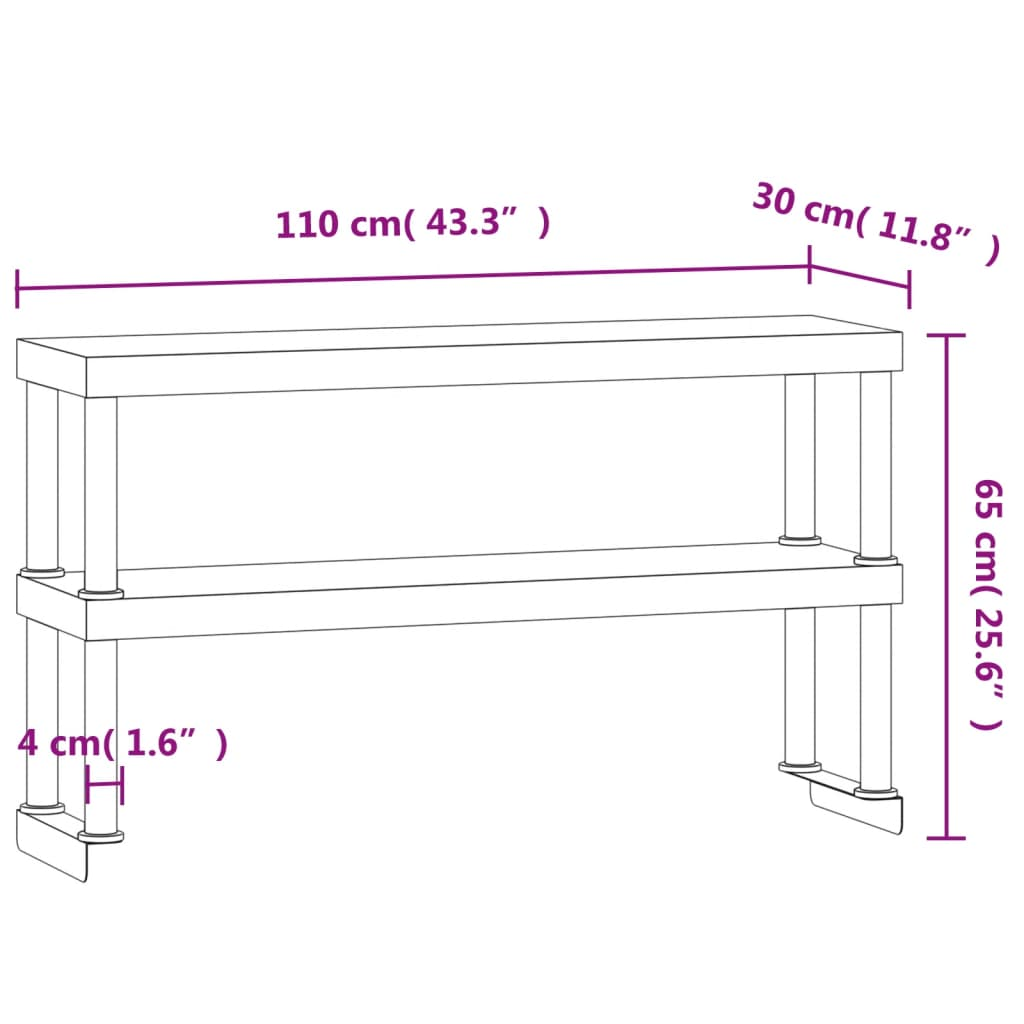 vidaXL Work Table Overshelf 2-Tier 110x30x65 cm Stainless Steel