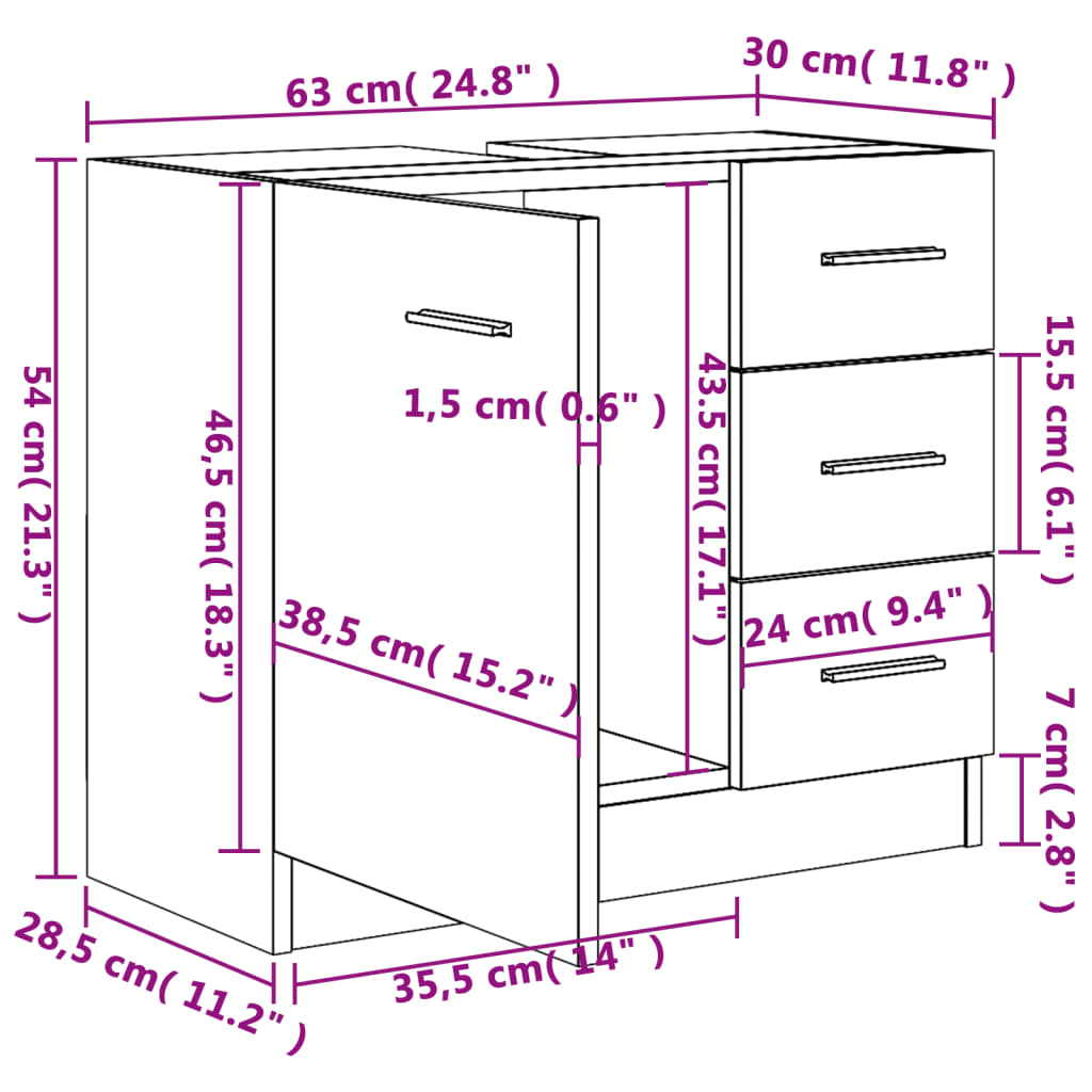 vidaXL Sink Cabinet Smoked Oak 63x30x54 cm Engineered Wood