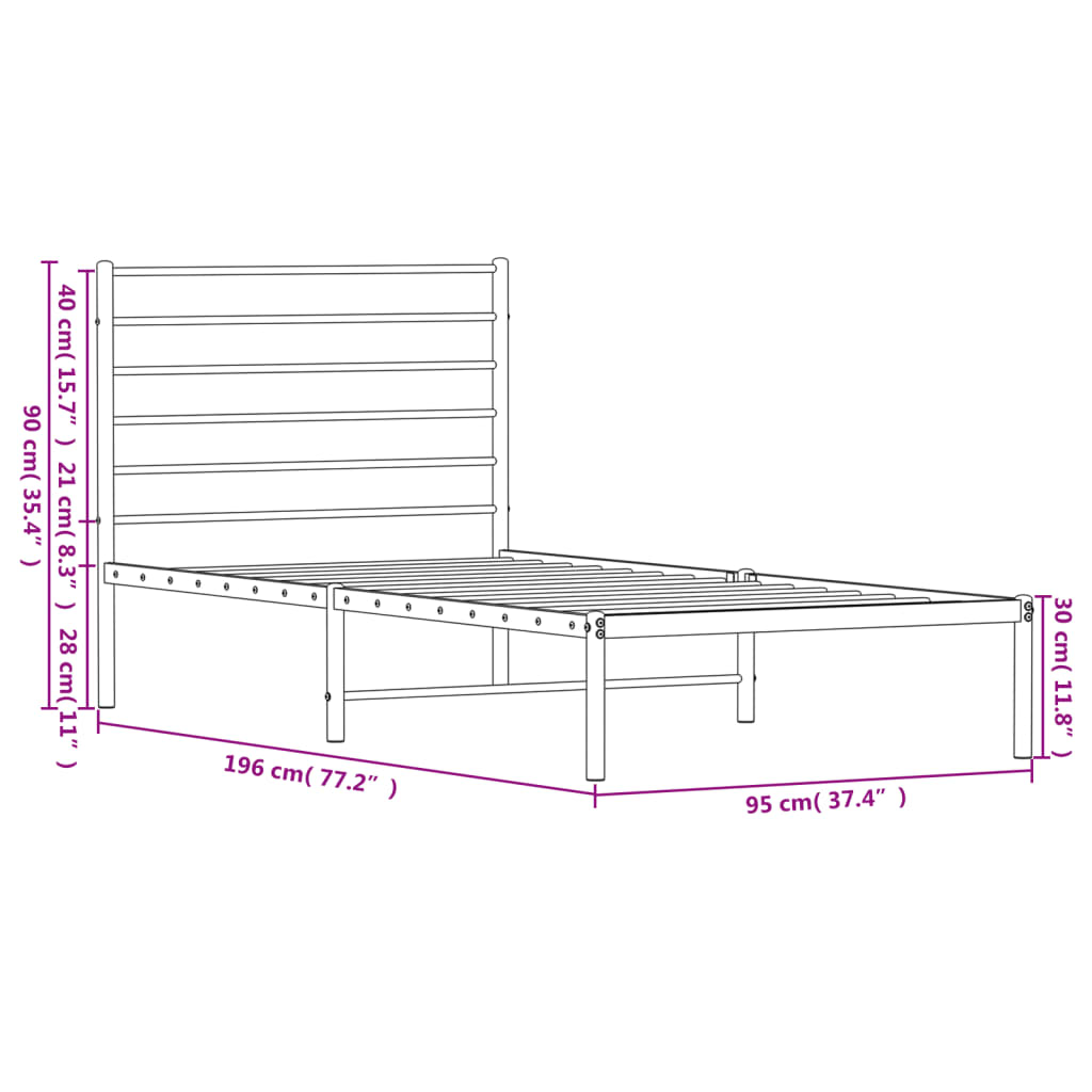 vidaXL Metal Bed Frame with Headboard White 90x190 cm Single