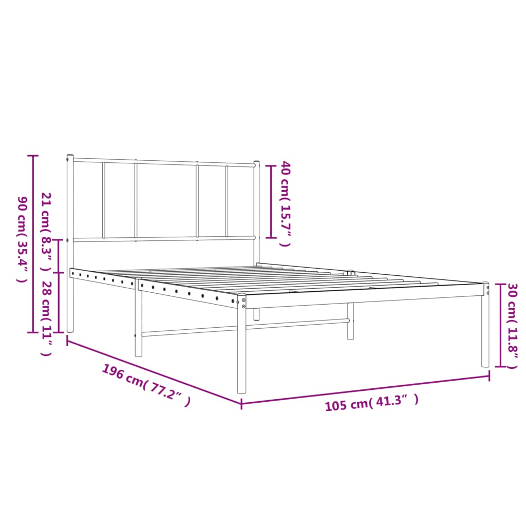 vidaXL Metal Bed Frame with Headboard Black 100x190 cm