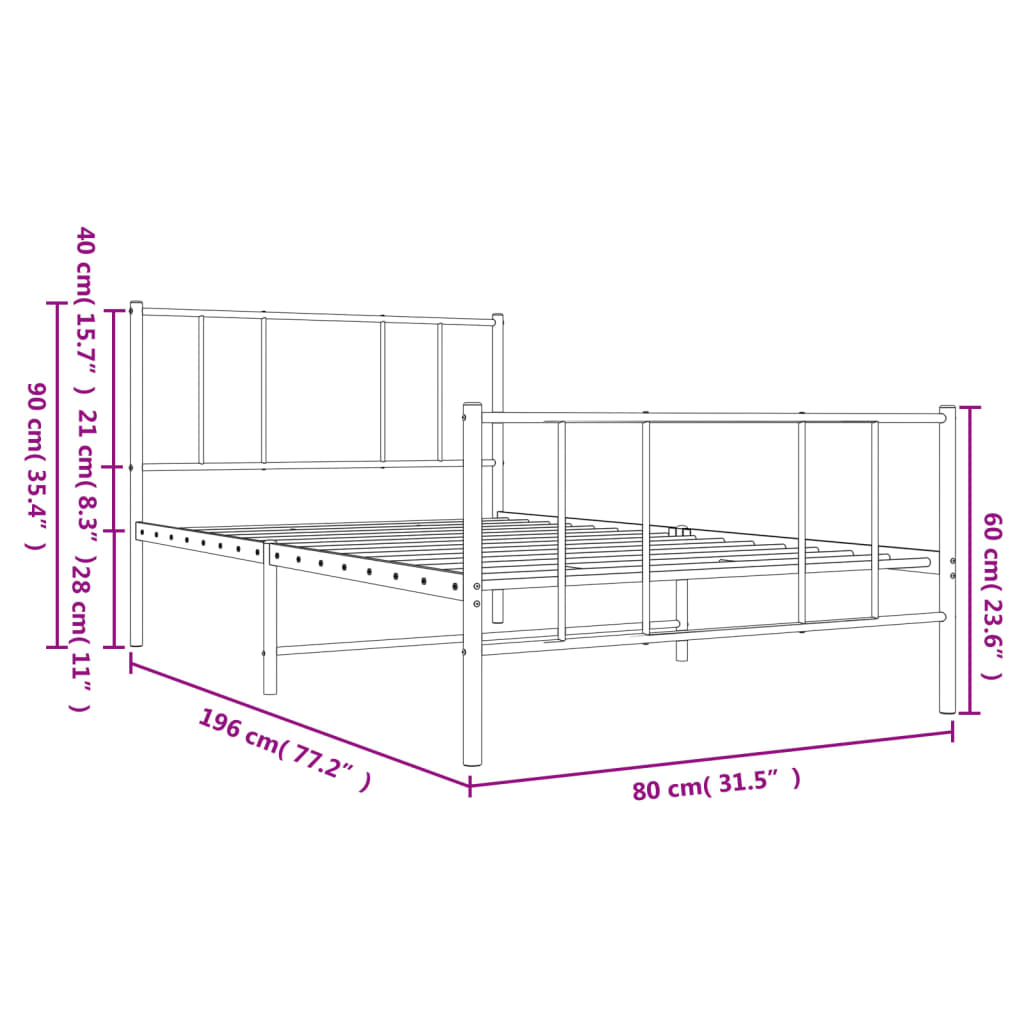 vidaXL Metal Bed Frame with Headboard and Footboard White 75x190 cm Small Single