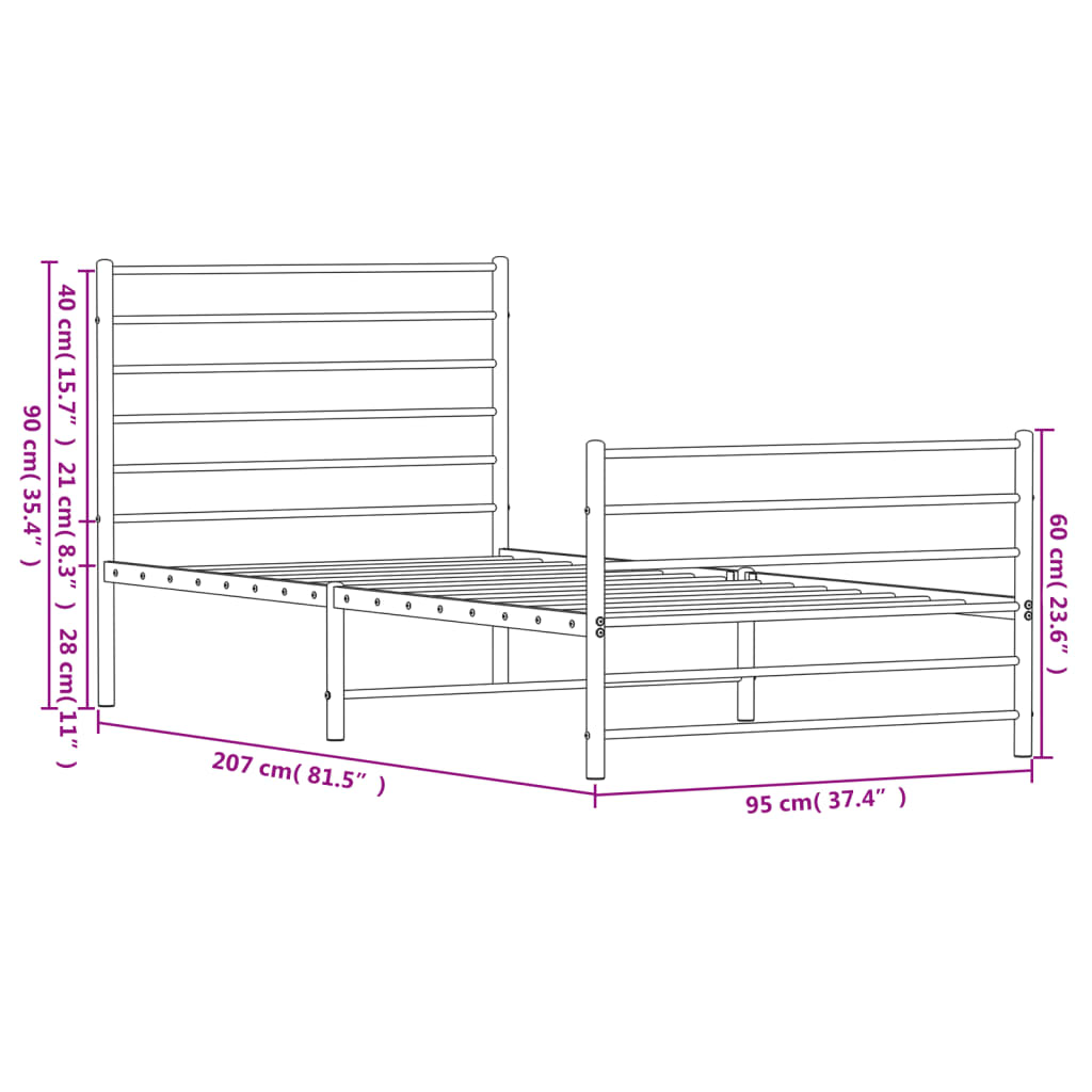 vidaXL Metal Bed Frame with Headboard and Footboard Black 90x200 cm