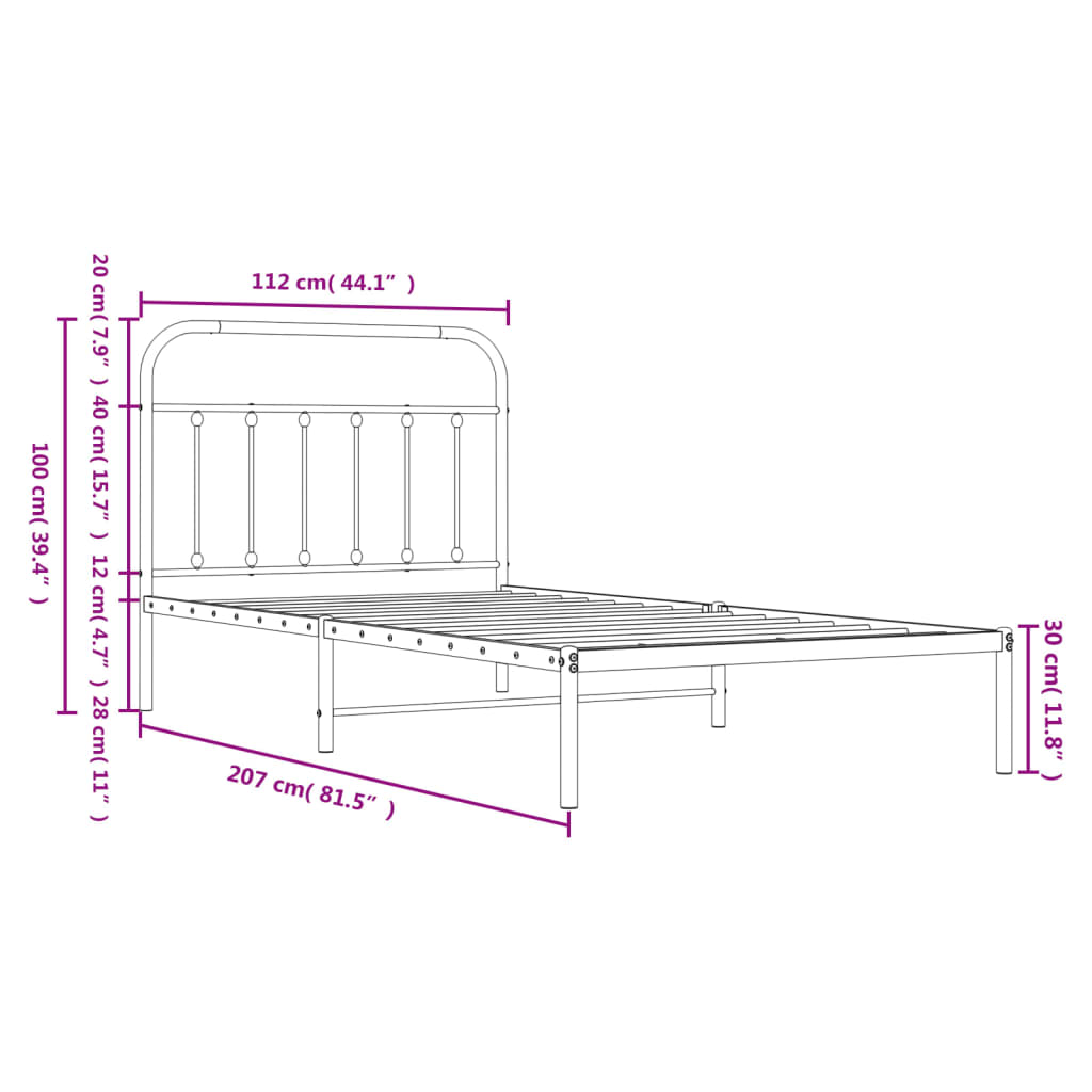 vidaXL Metal Bed Frame with Headboard Black 107x203 cm