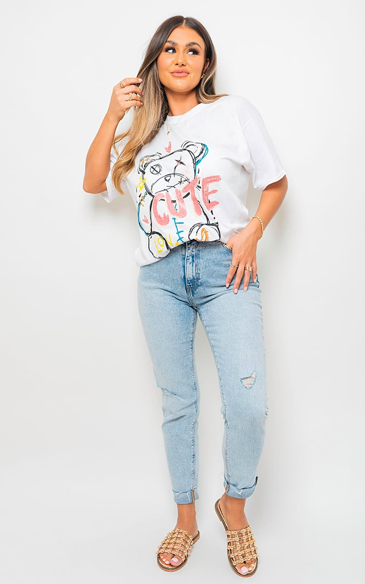 Cute Teddy Graphic Glitter Detail T-shirt