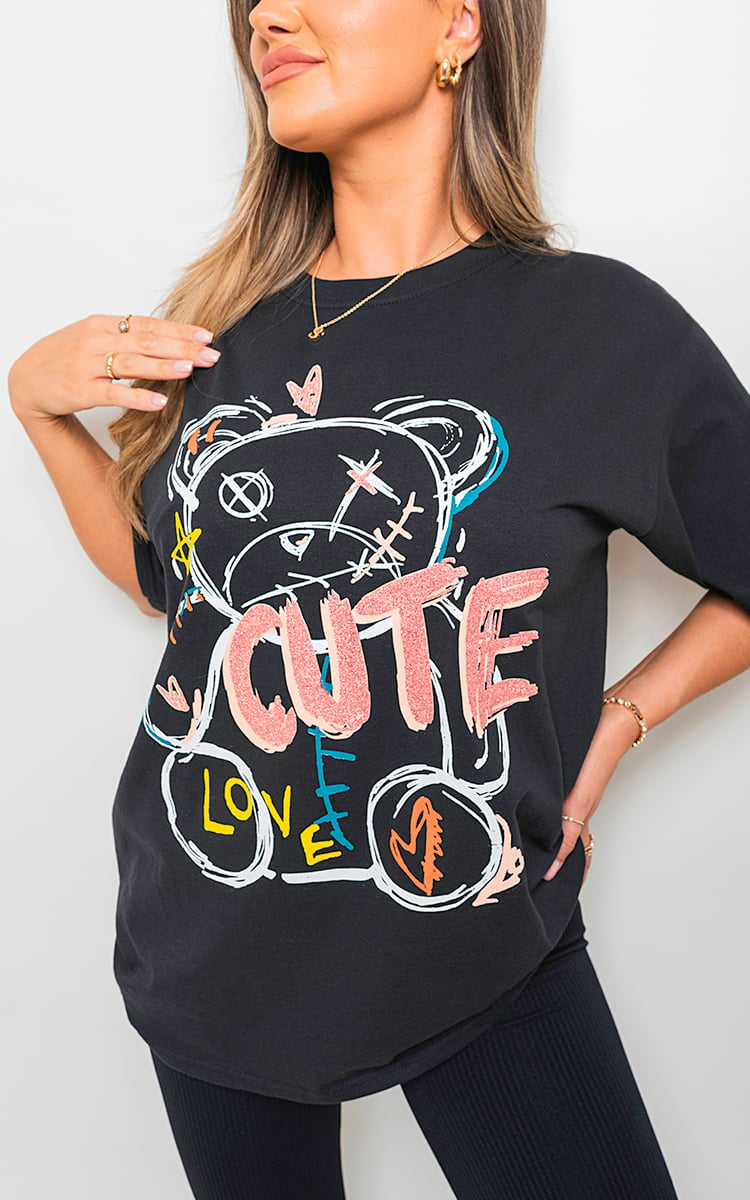 Cute Teddy Graphic Glitter Detail T-shirt