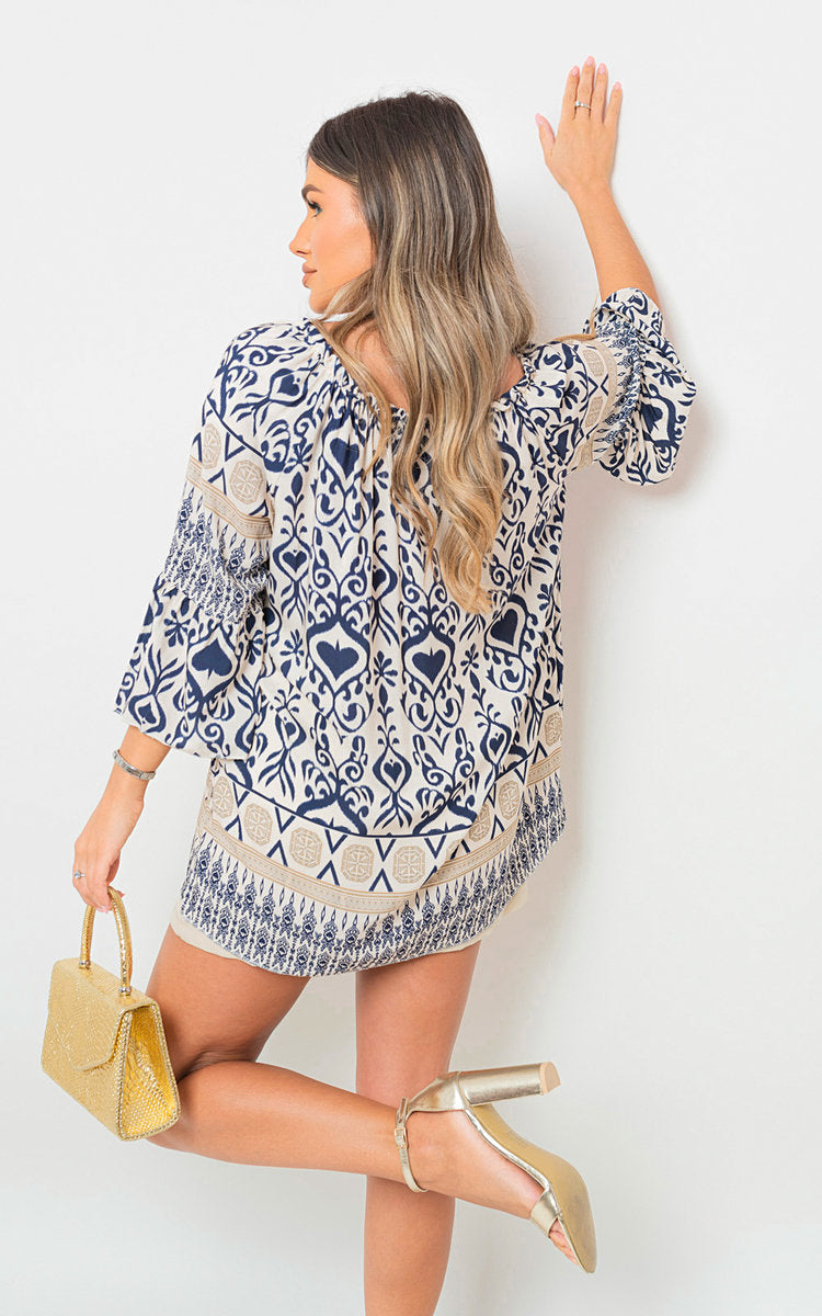 Boho Printed Tassel Tie Neck Long Sleeve Loose Tops