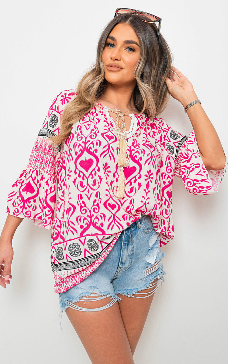 Boho Printed Tassel Tie Neck Long Sleeve Loose Tops