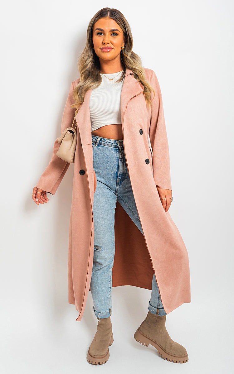 Open Front Lapel Neck Longline Trench Coat