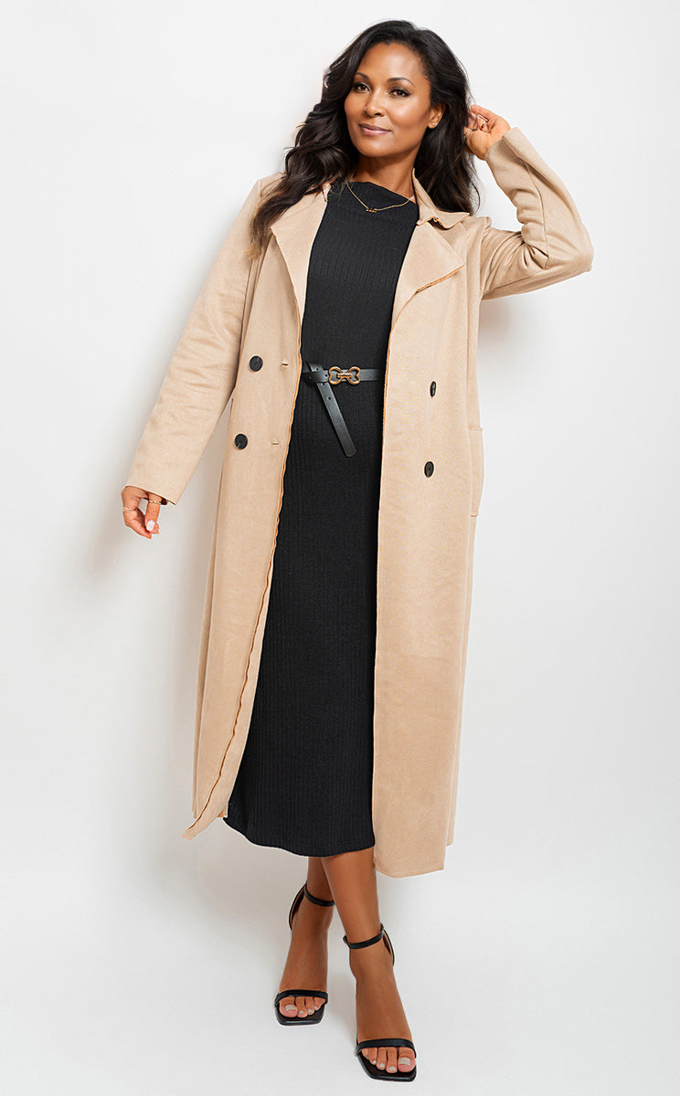 Open Front Lapel Neck Longline Trench Coat