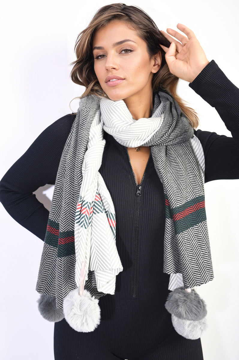 Avah Striped Pompom Tassel Winter Scarf