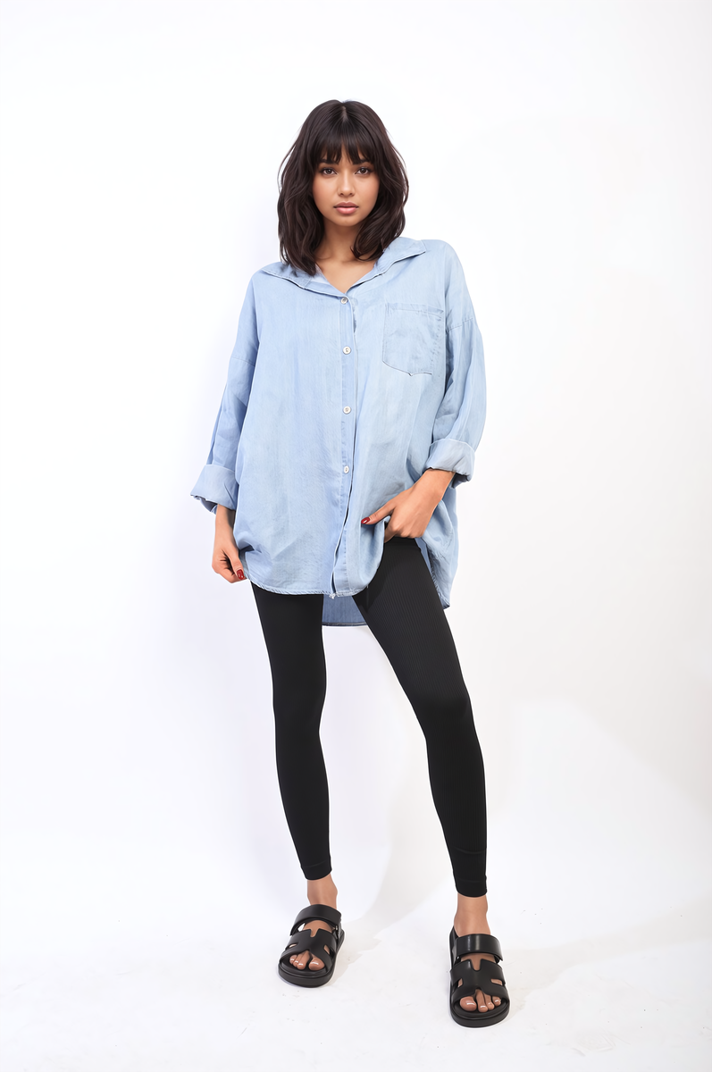 Collared Button Down Long Sleeve Loose Top with Front Pocket