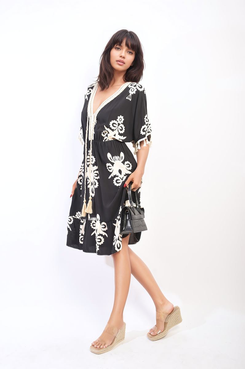 Aubrey Printed V-Neck Short Sleeve Midi Dress with Tassel Detail