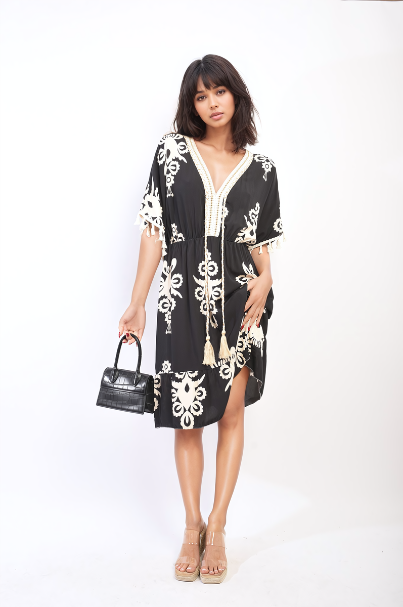 Aubrey Printed V-Neck Short Sleeve Midi Dress with Tassel Detail