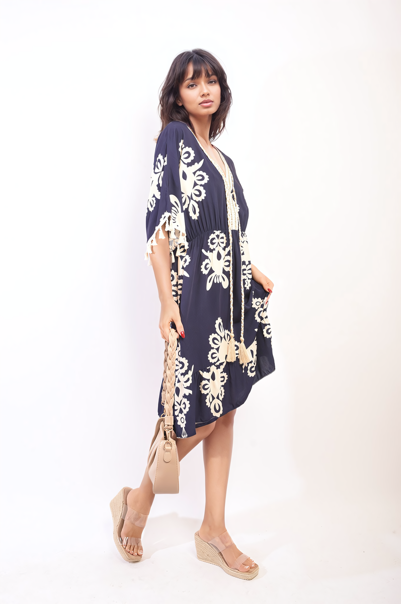 Aubrey Printed V-Neck Short Sleeve Midi Dress with Tassel Detail