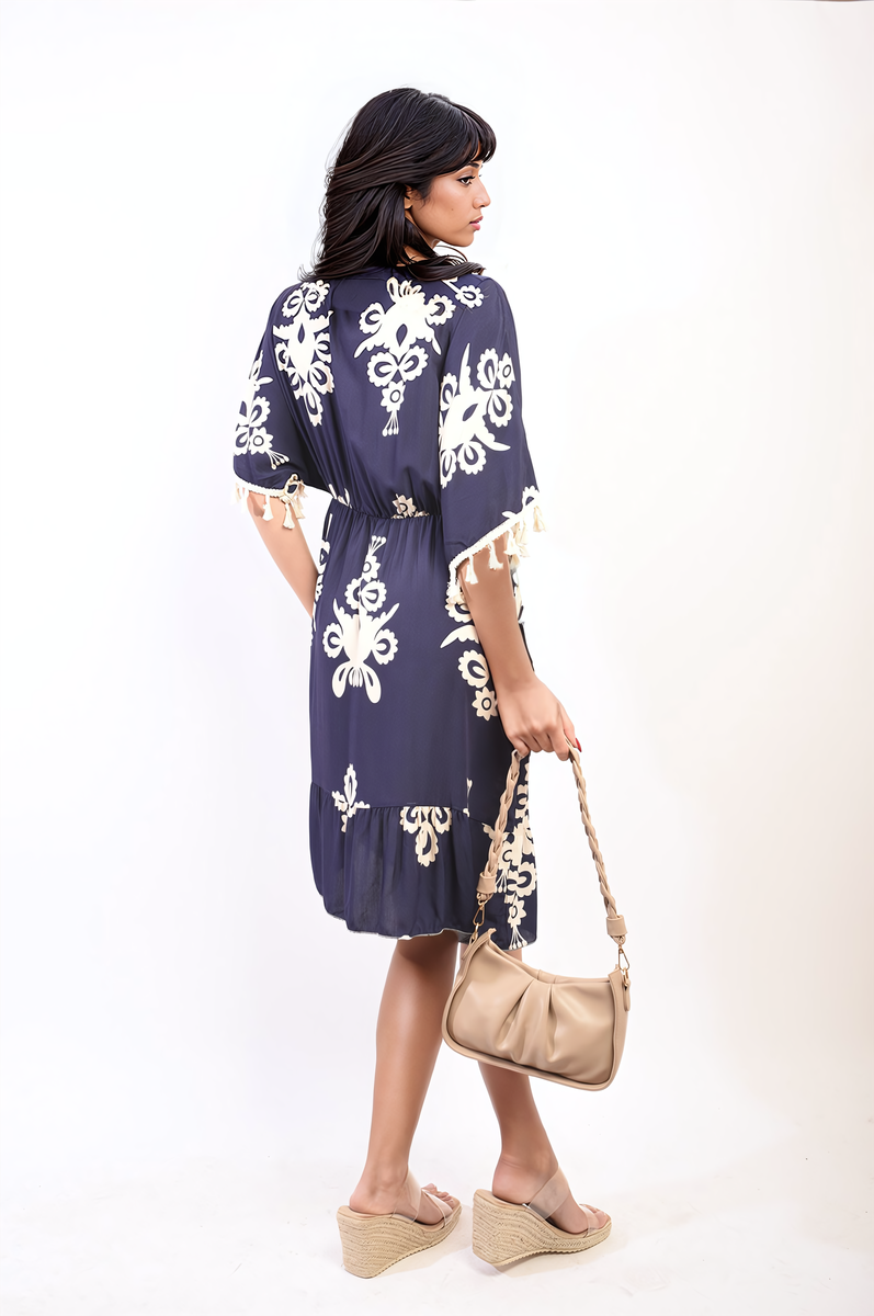 Aubrey Printed V-Neck Short Sleeve Midi Dress with Tassel Detail