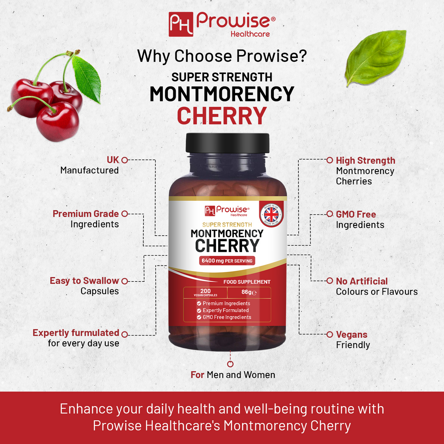 Cherry+ 3100mg with Black Cherry | Best Cherry Supplements for Gout | 200 Vegan Capsules for Men and Women | UK Made by Prowise Healthcare