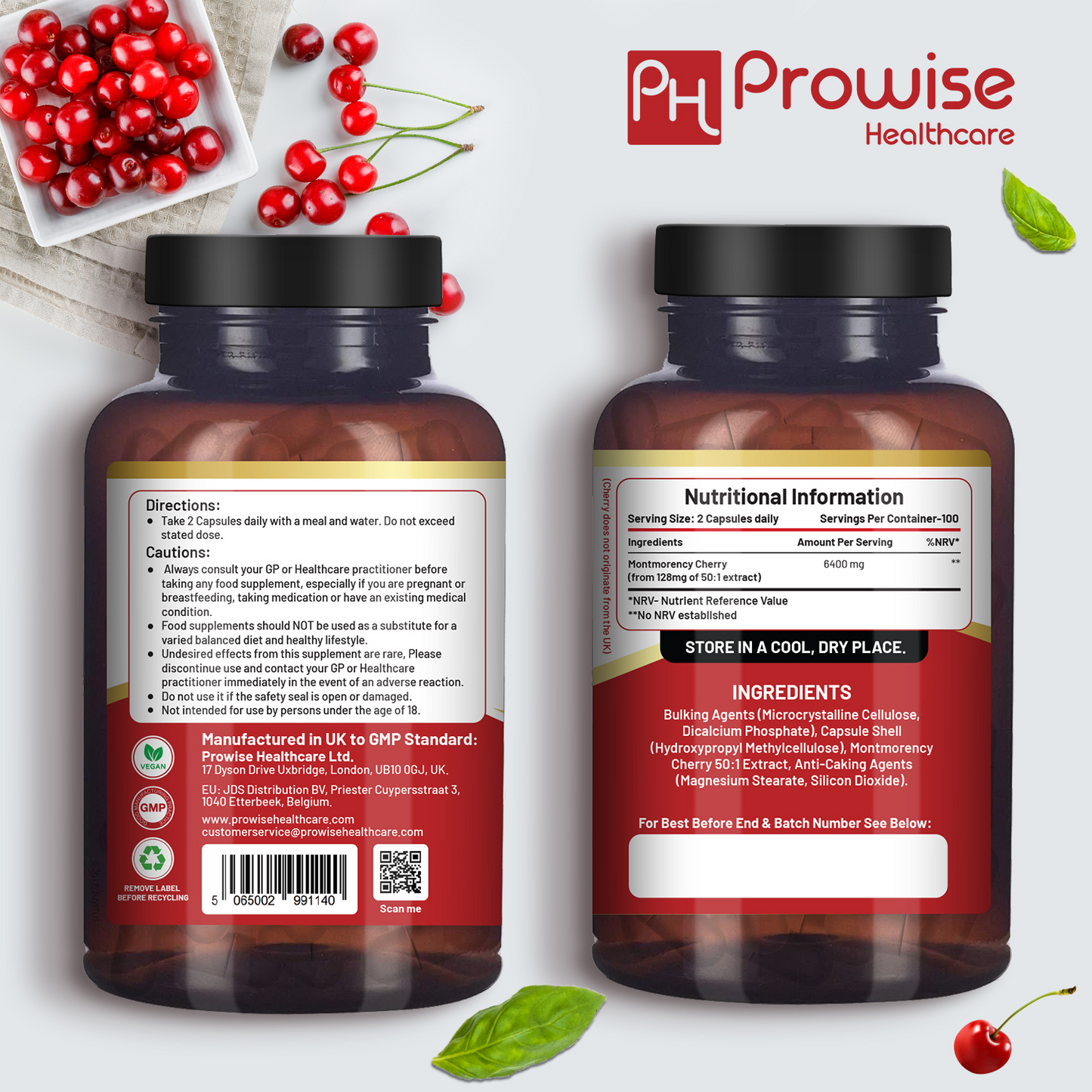 Cherry+ 3100mg with Black Cherry | Best Cherry Supplements for Gout | 200 Vegan Capsules for Men and Women | UK Made by Prowise Healthcare