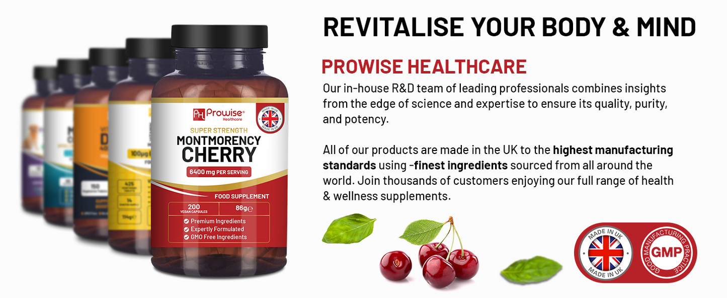 Cherry+ 3100mg with Black Cherry | Best Cherry Supplements for Gout | 200 Vegan Capsules for Men and Women | UK Made by Prowise Healthcare