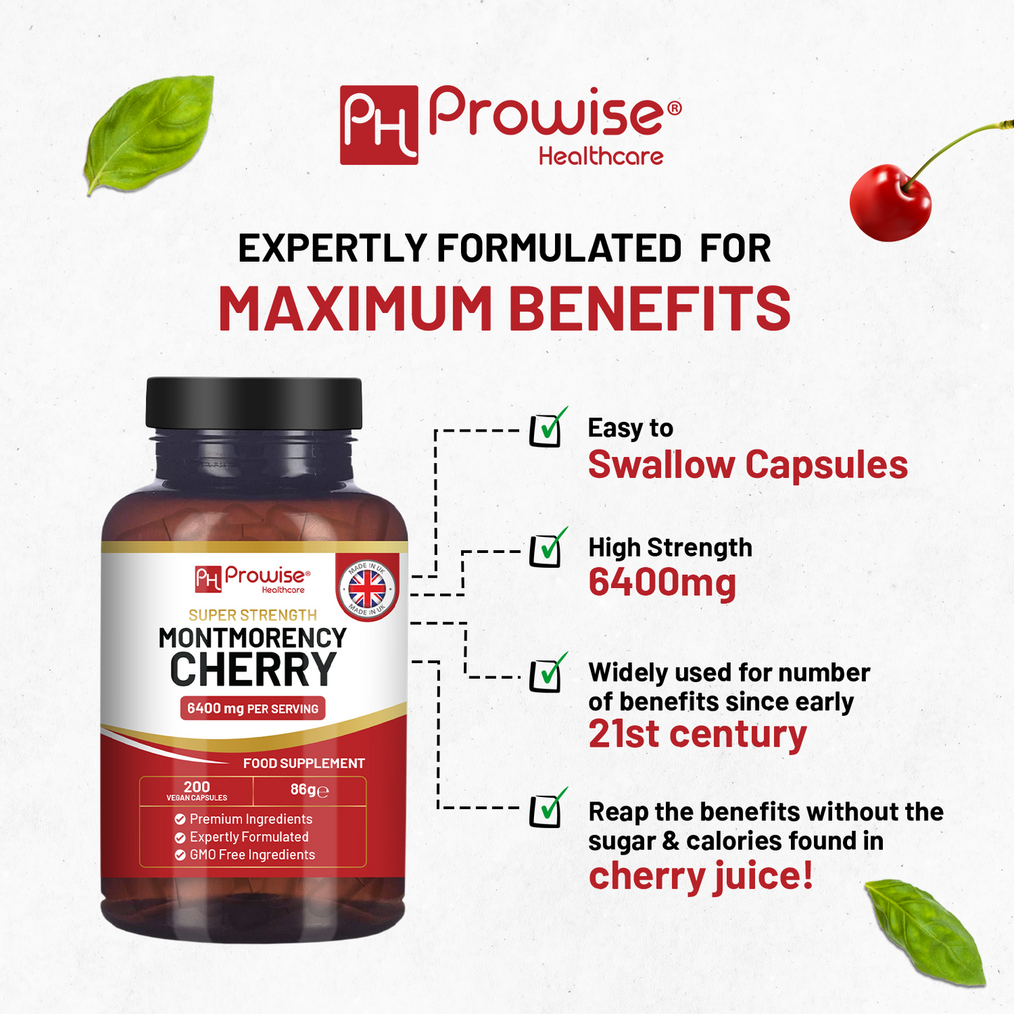 Cherry+ 3100mg with Black Cherry | Best Cherry Supplements for Gout | 200 Vegan Capsules for Men and Women | UK Made by Prowise Healthcare