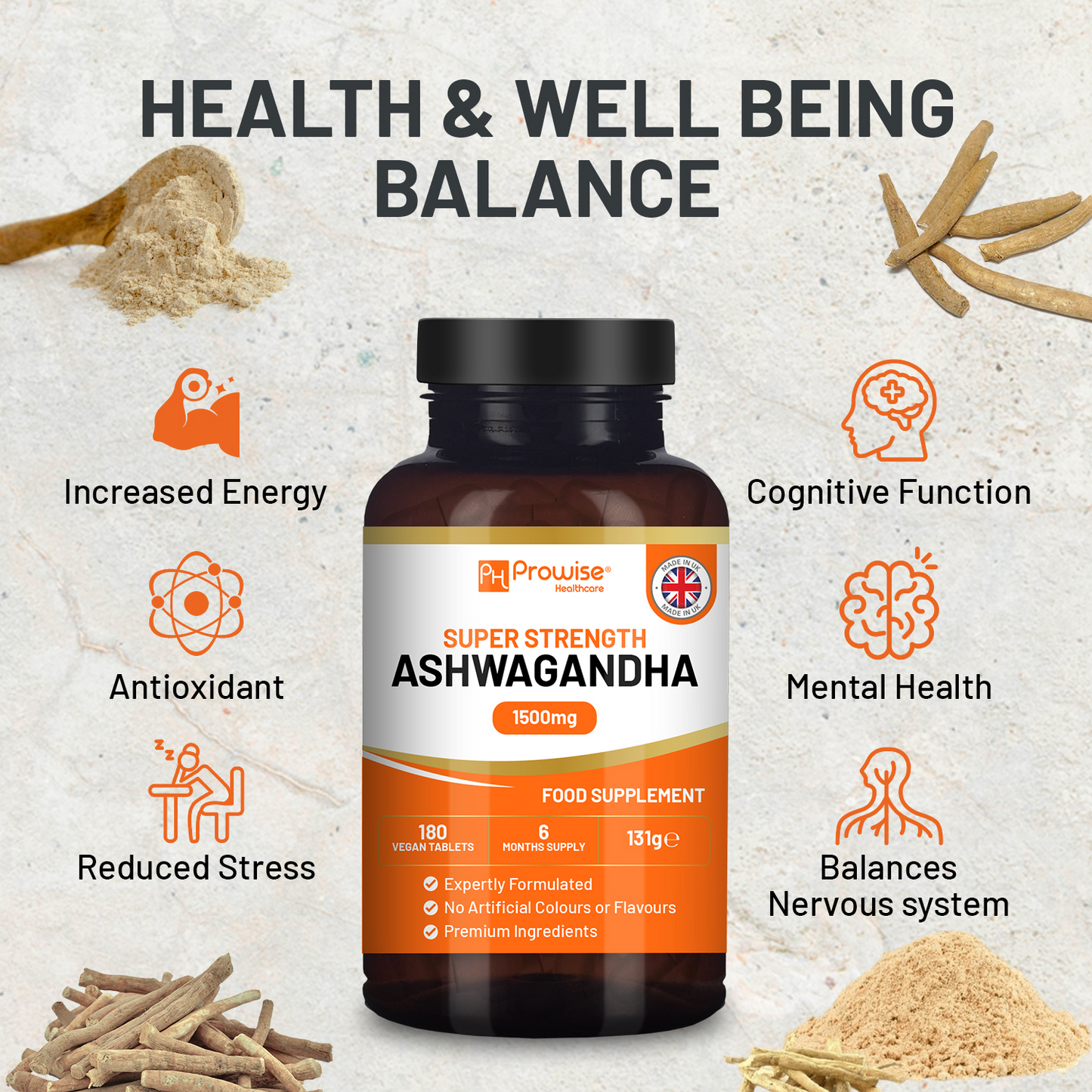 Ashwagandha 1500mg 180 Vegan Tablets | 6 Months’ Supply | Pure High Strength Ashwagandha Root Extract | Ashwagandha Supplement | Made in UK by Prowise Healthcare