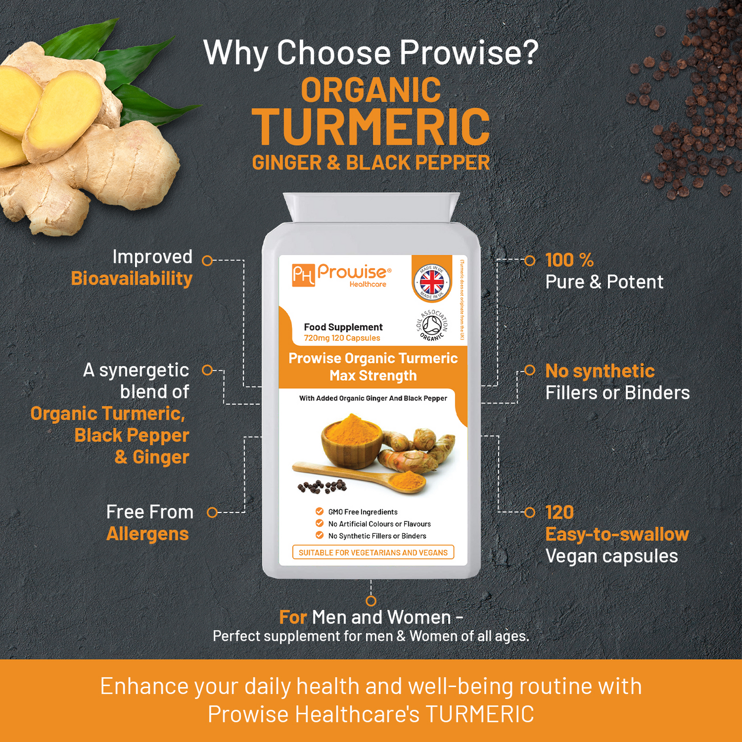 Organic Turmeric Curcumin with added Black Pepper & Ginger 670mg (Certified Organic Turmeric Capsules) | 120 Capsules | Suitable For Vegetarians & Vegans