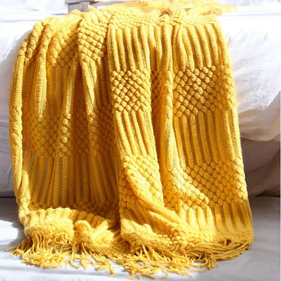 Knitted Tassel Throw Blanket - Yellow