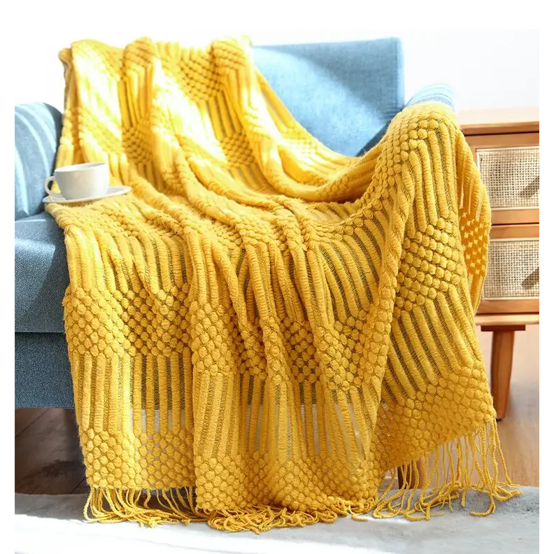 Knitted Tassel Throw Blanket - Yellow