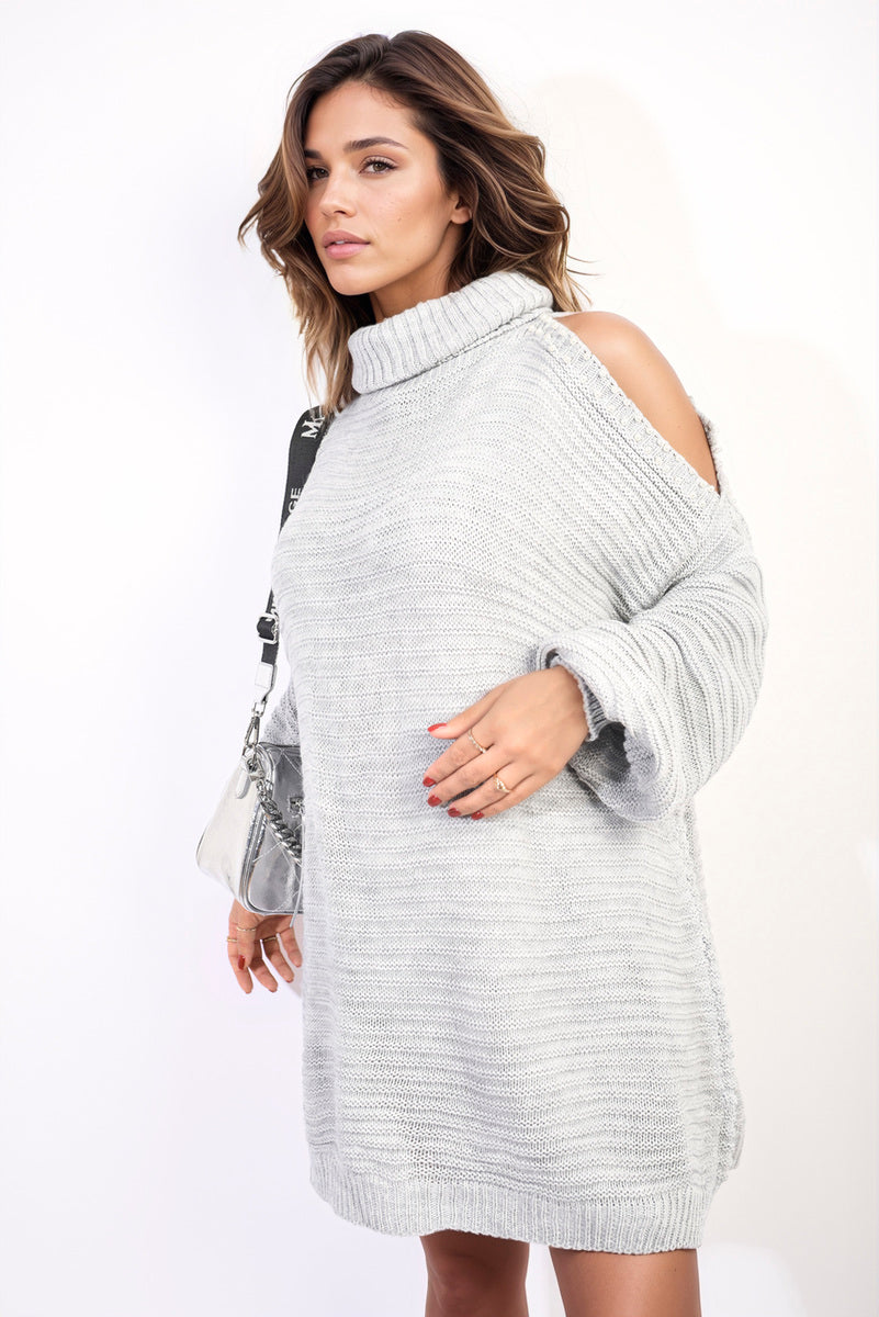 High Neck Oversized Open Shoulder Long Sleeve Knitted Jumper