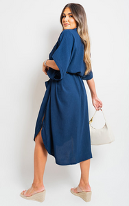Button Down Collared Midi Dress with Two Front Pockets