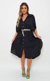 Button Down Collared Midi Dress with Two Front Pockets