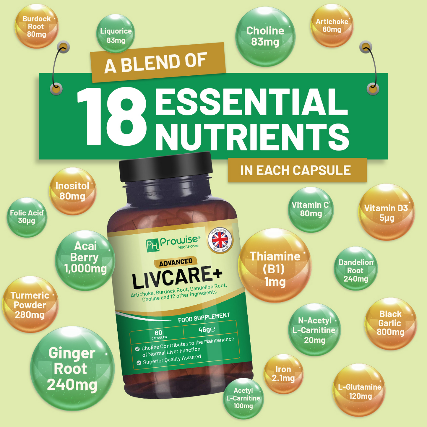 Advanced Livcare+ 60 Capsules | Added with Choline, Artichoke, Burdock Root, Dandelion Root, and 12 other active ingredients | Liver Cleanse Detox and Repair for men and women by Prowise