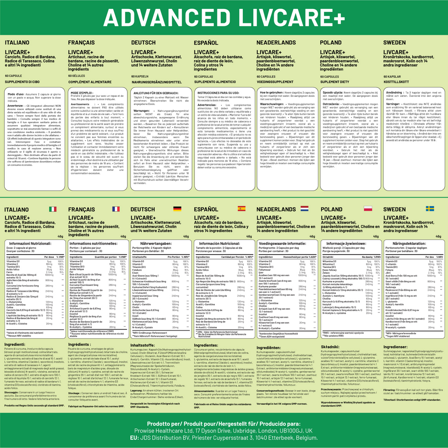 Advanced Livcare+ 60 Capsules | Added with Choline, Artichoke, Burdock Root, Dandelion Root, and 12 other active ingredients | Liver Cleanse Detox and Repair for men and women by Prowise