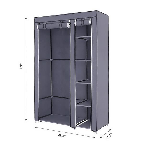 67" Portable Clothes Closet Wardrobe with Non-woven Fabric and Hanging Rod Quick and Easy to Assemble Gray