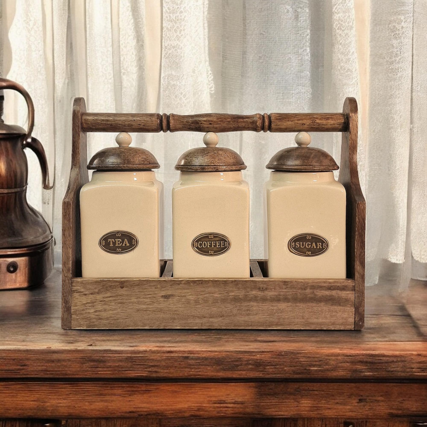 Ceramic Tea, Coffee & Sugar Jar's In Solid Mango Wood Rack