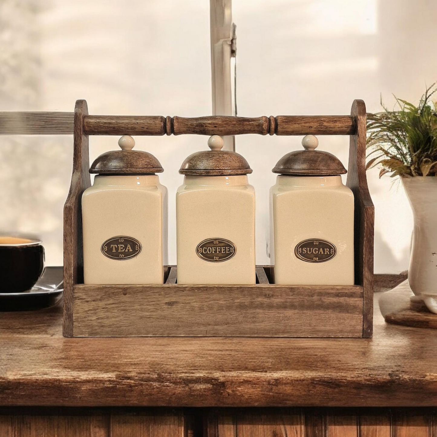 Ceramic Tea, Coffee & Sugar Jar's In Solid Mango Wood Rack