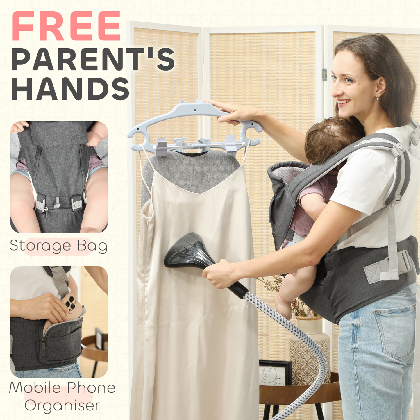 AIYAPLAY 6 in 1 Baby Carrier Newborn to Toddler with Removable Seat for 0-36 Months, Up to 15kg in Grey