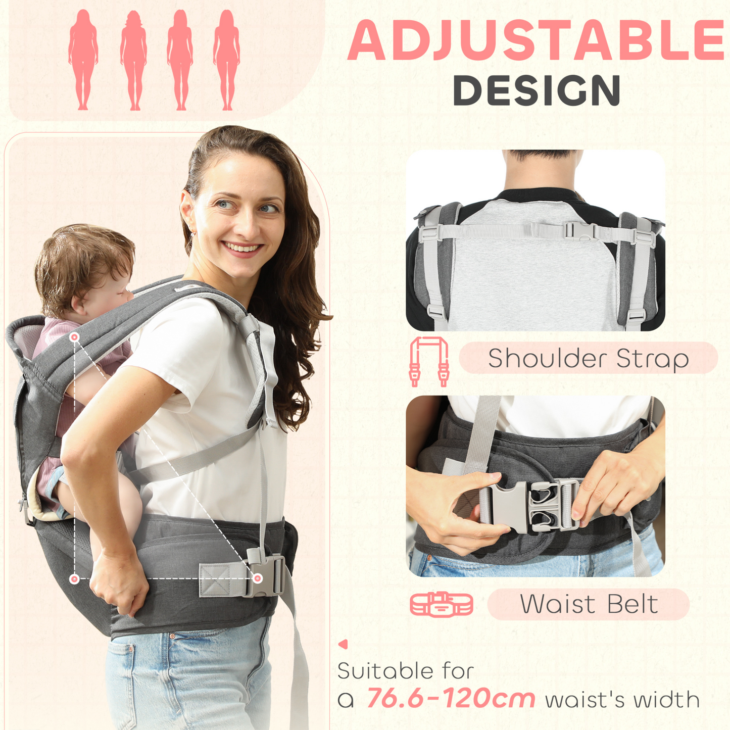 AIYAPLAY 6 in 1 Baby Carrier Newborn to Toddler with Removable Seat for 0-36 Months, Up to 15kg in Grey