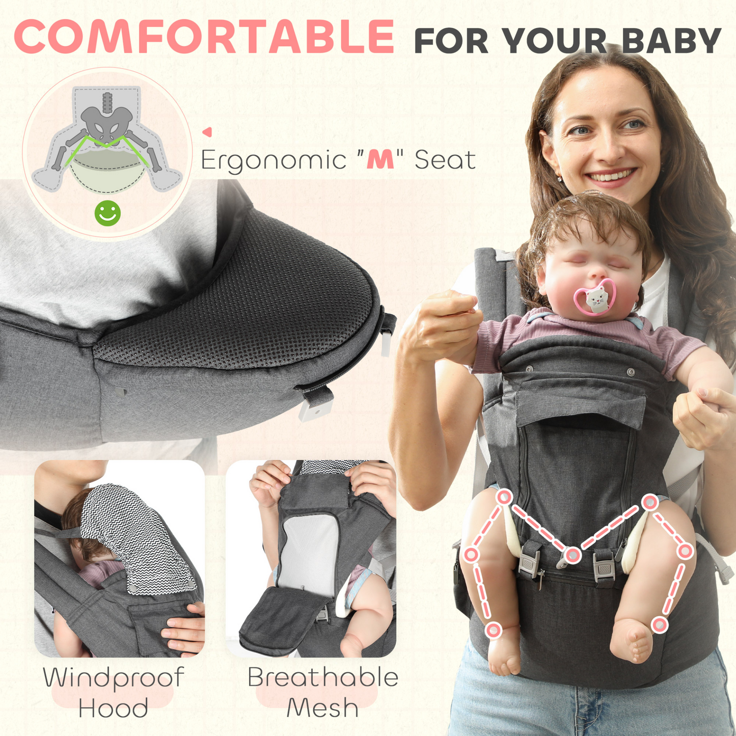 AIYAPLAY 6 in 1 Baby Carrier Newborn to Toddler with Removable Seat for 0-36 Months, Up to 15kg in Grey