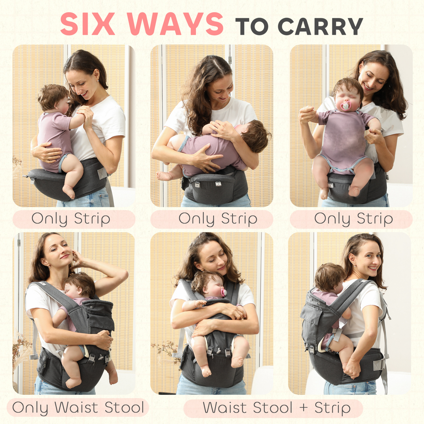 AIYAPLAY 6 in 1 Baby Carrier Newborn to Toddler with Removable Seat for 0-36 Months, Up to 15kg in Grey