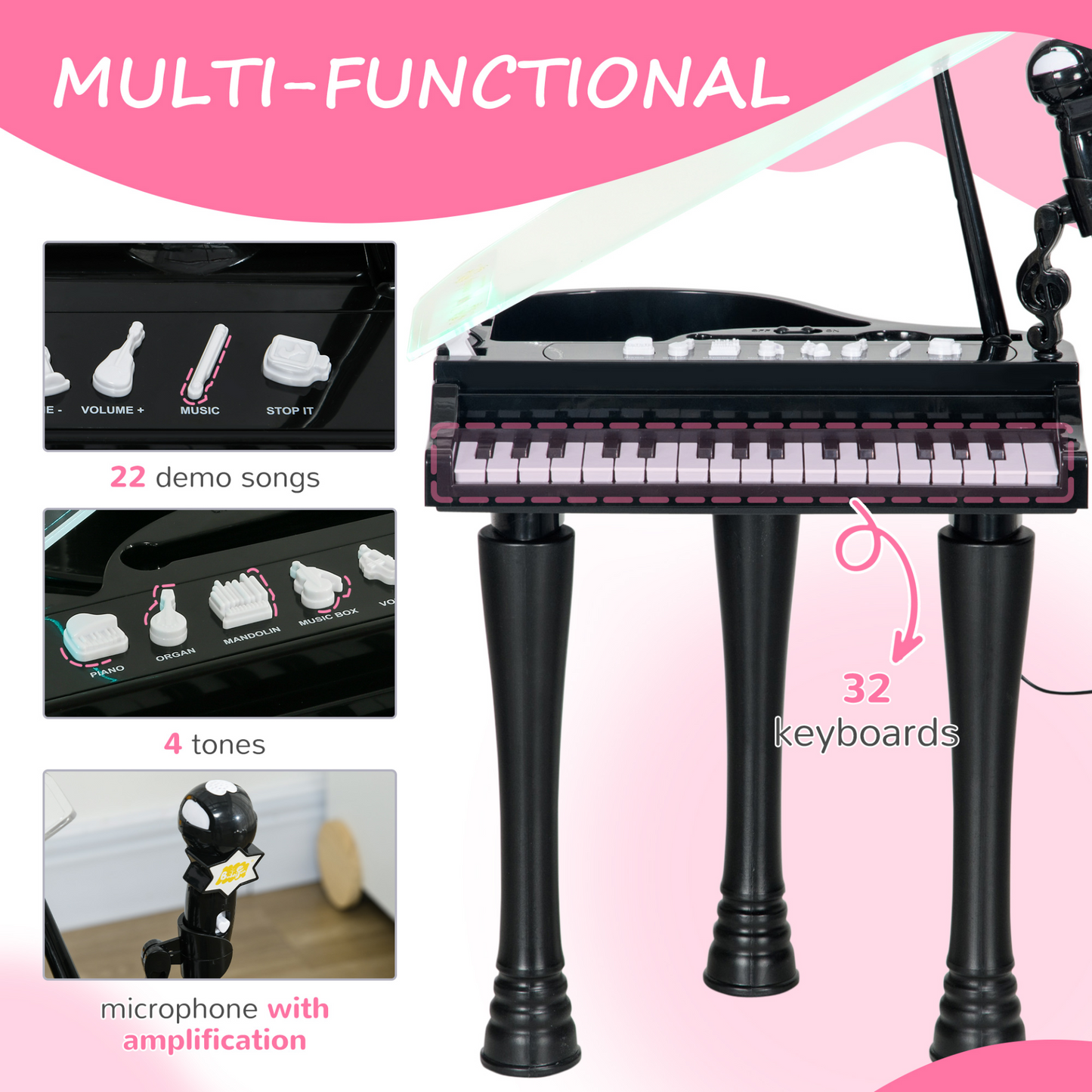 Children's 32-Key Piano Keyboard, with Stool, Lights, Microphone, Sounds, for Aspiring Musicians, Black | AIYAPLAY