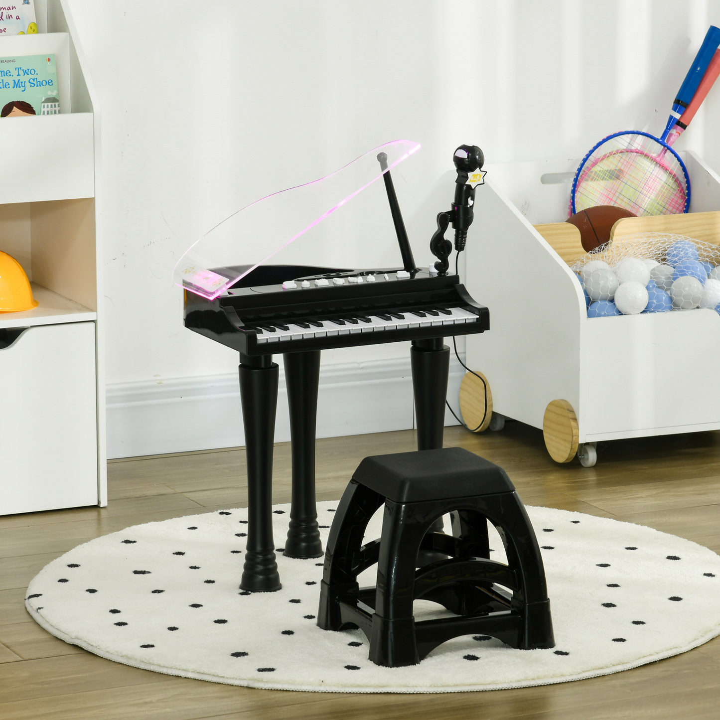 Children's 32-Key Piano Keyboard, with Stool, Lights, Microphone, Sounds, for Aspiring Musicians, Black | AIYAPLAY