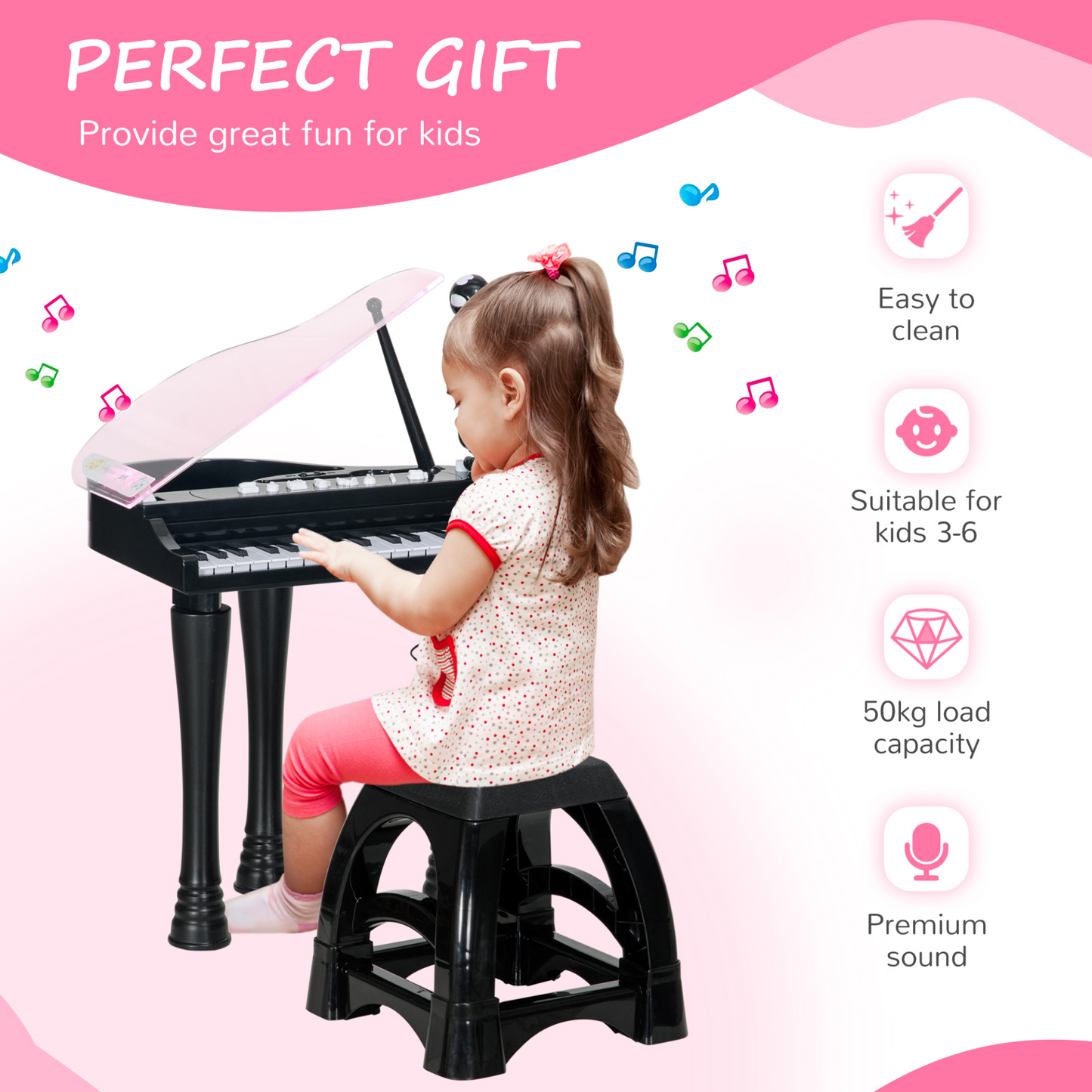 Children's 32-Key Piano Keyboard, with Stool, Lights, Microphone, Sounds, for Aspiring Musicians, Black | AIYAPLAY