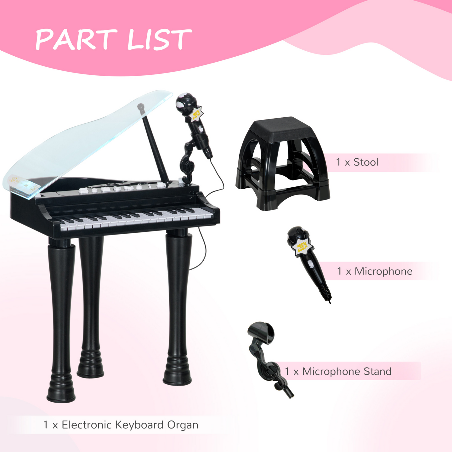 Children's 32-Key Piano Keyboard, with Stool, Lights, Microphone, Sounds, for Aspiring Musicians, Black | AIYAPLAY